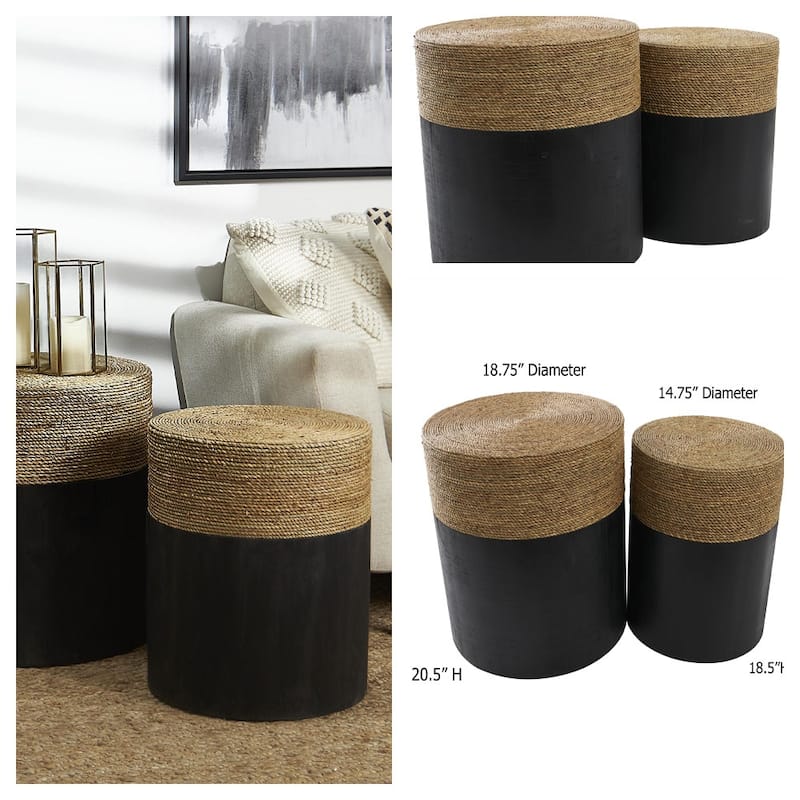 Madura Natural Seagrass and Wood Round Side Table 2 Piece-Set