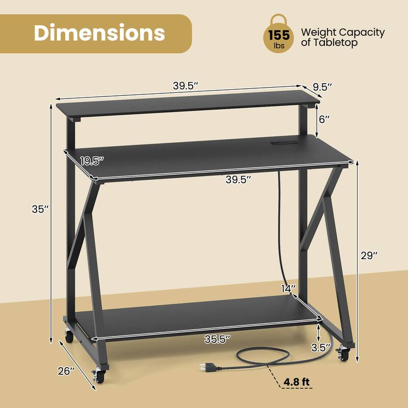 Costway Rolling Computer Desk with Charging Station Monitor Stand