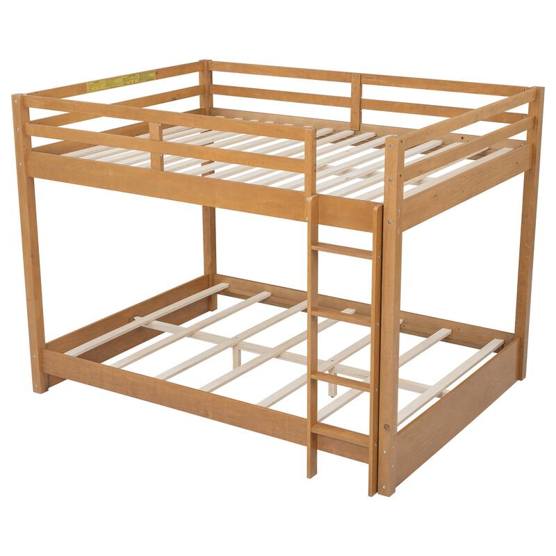 Wood Queen Size Bunk Bed with Ladder and Guardrails, No Box Spring Required
