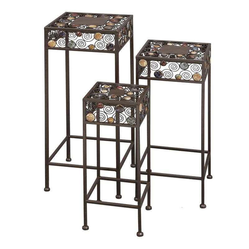 Black Metal 3 Tier Scroll Indoor Outdoor Plantstand with Colorful Jewels (Set of 3)