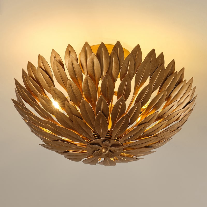 Antique Gold Olive Leaf 3-Light Semi Flush Mount Ceiling Light - 16" W x 10.1" H