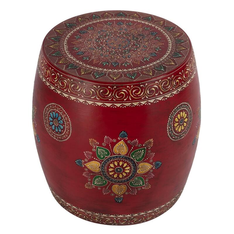 HomeRoots 18" Red Iron Hand Painted Floral Round Drum End Table - 17.00 in. x 18.00 in. x 17.00 in.