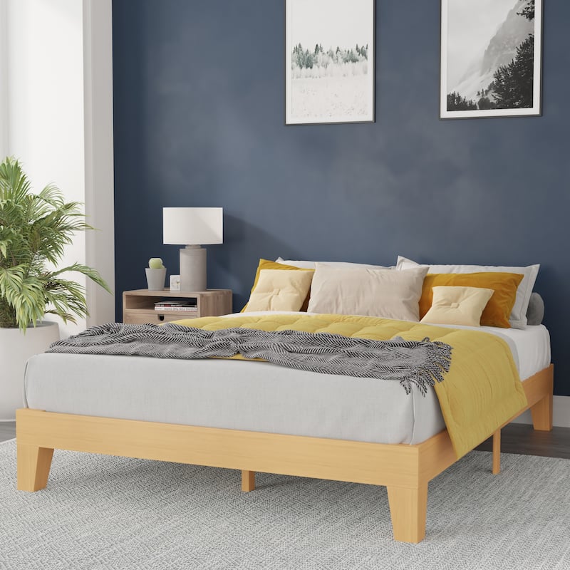 Wood Platform Bed with 14 Wooden Support Slats - Queen - Natural