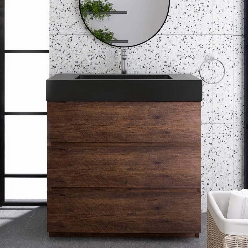 24"/30"/36" Freestanding Bathroom Vanity Set with Black Integrated Quartz Sand Sink - 36" x 18" - Textured - Walnut