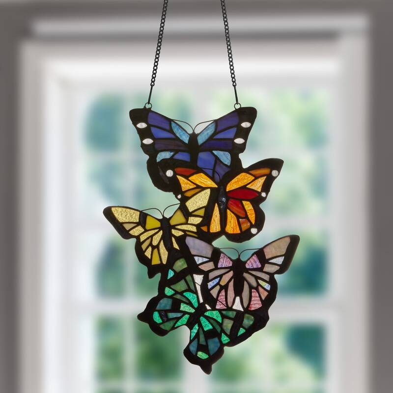 River of Goods Multicolored Stained Glass Butterfly Cluster Vertical Window Panel - 9.5" x 0.25" x 13.25"