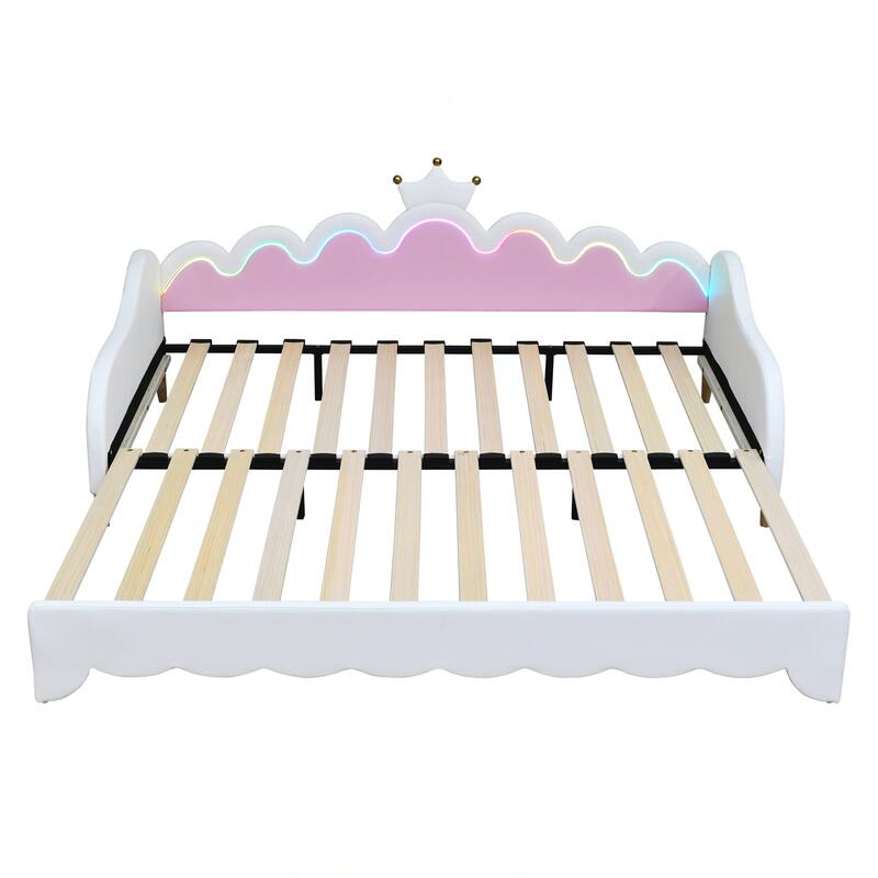 Twin Extending Daybed with LED Lights, Modern Upholstered Princess Daybed With Crown Headboard