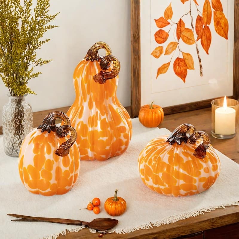 Glitzhome Set of 3 Fall Harvest Orange Dots Glass Pumpkin & Gourd Halloween Thanksgiving Decorating