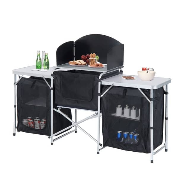 Outsunny 6' Aluminum Portable Fold-Up Camping Kitchen With Windscreen And 5 Enclosed Cupboards