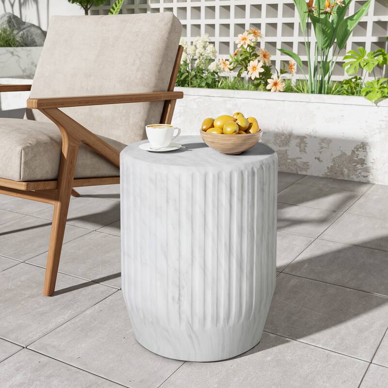 Roomfitters Outdoor Carved Side Table with Fluted Detailing, Patio and Living Room Accent Table - White