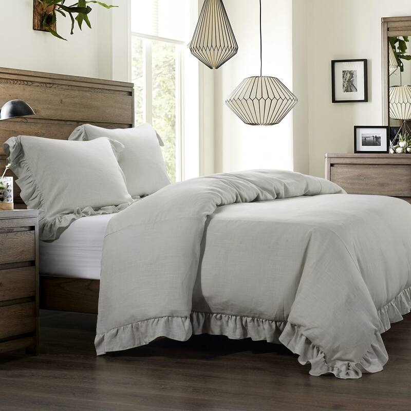 HiEnd Accents Lily Washed Linen Duvet Cover Set, 3PC - Gray - Queen