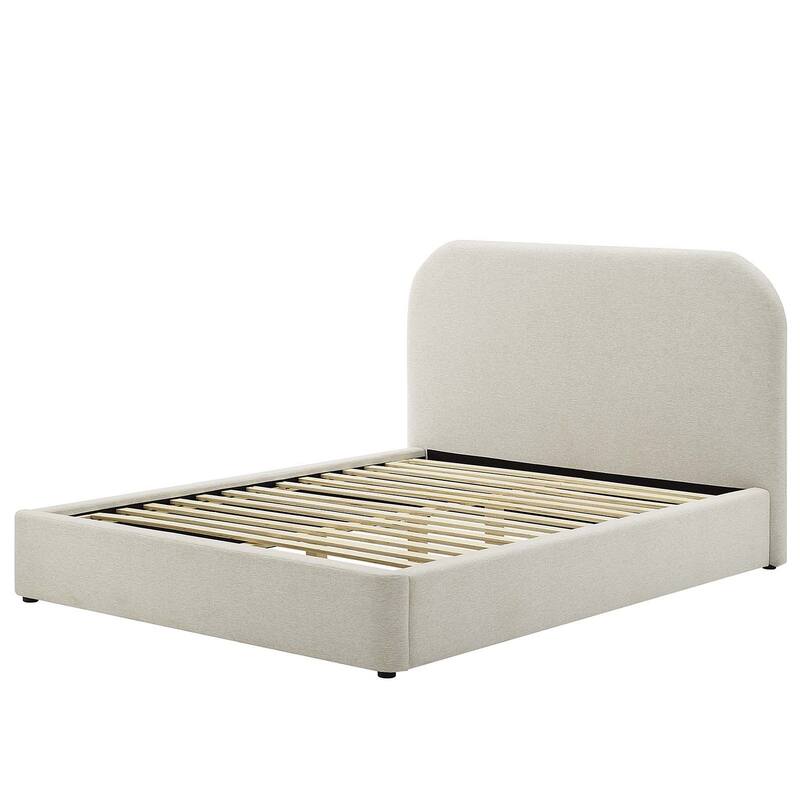 Hillsway Modern Curved Headboard Ivory Fabric Upholstered King Size Platform Bed