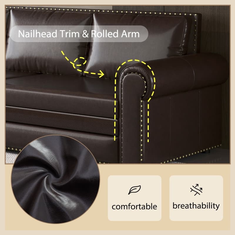 93.7" King Pull Out 3-in-1 Faux Leather Convertible Sleeper Sofa Bed with Nailhead Trim and Rolled Arm