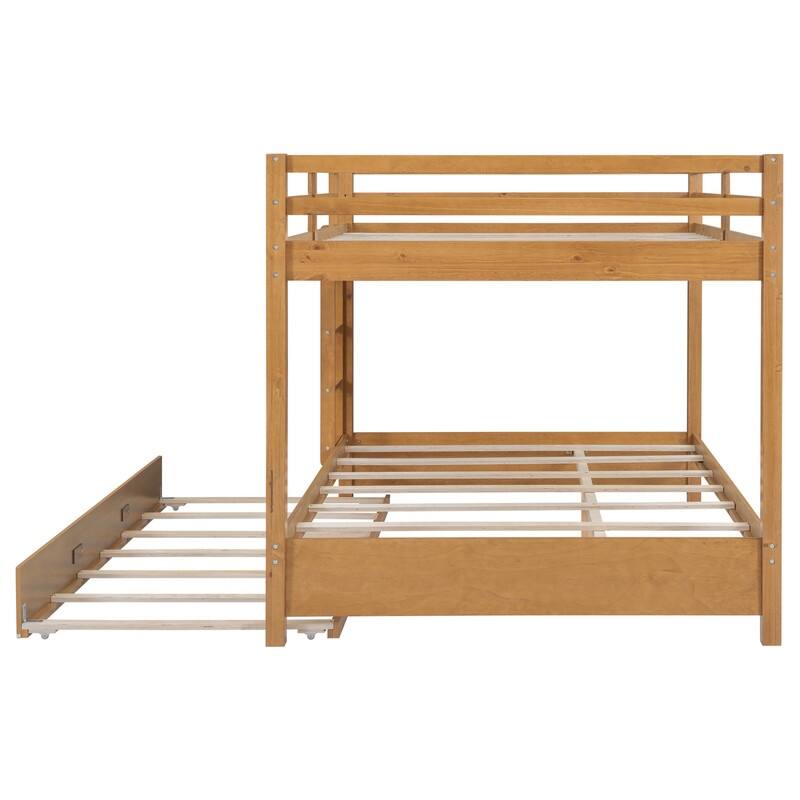 Queen Over Queen Size Bunk Bed with Trundle, Ladder and Guardrail, Wooden Bunk Bedframe with Wood Slats Support for Kids