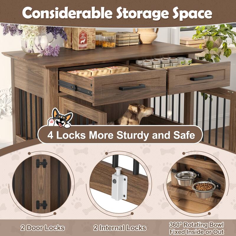 2 Doors Decorative Pet Cage Dog House with 2 Storage Drawers and Rotating Bowls, Wooden Large Dog Crate Furniture