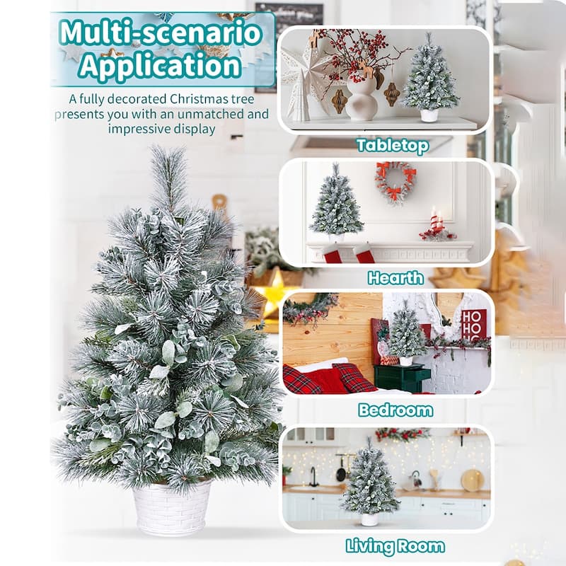 2ft Tabletop Christmas Tree with Eucalyptus & Pine Needle Accents,68 Tips,Flocked Mini Artificial Tree with Plastic Cement Base