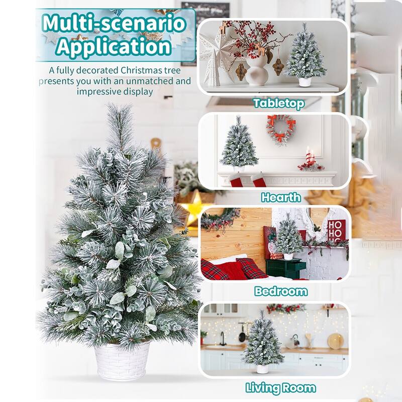 Mini Flocked Tabletop Christmas Tree - Eucalyptus & Pine Needle Accents, Plastic Cement Base, Desk/Mantel Decor - White+Green