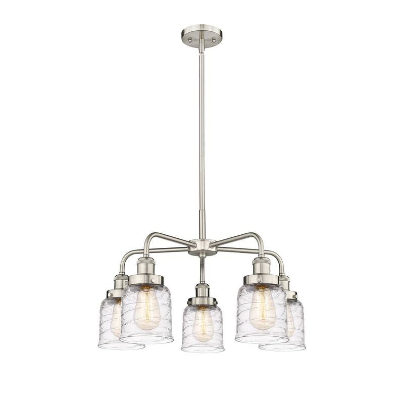 Innovations Lighting Bell - 5 Light 23" Stem Hung Chandelier - Satin Nickel/Clear Deco Swirl