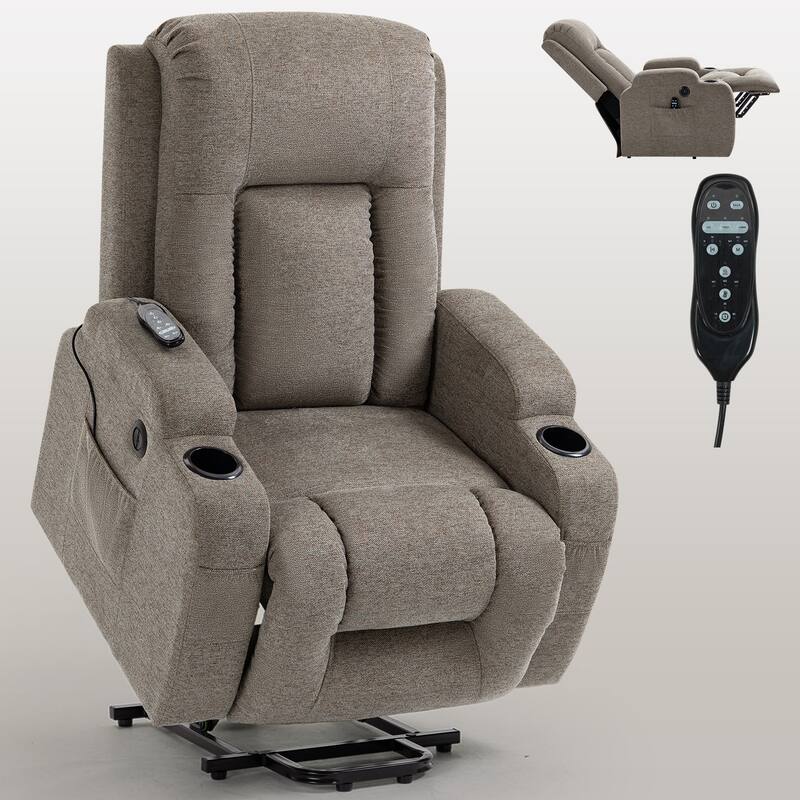 Grey Power Lift Recliner for Elderly with Massage & Heat, USB Charging Ports, Cup Holders, and Adjustable Reclining Positions