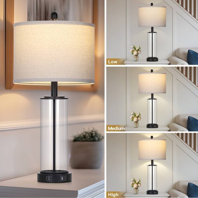26'' Black Modern Cylinder Table Lamp with USB-C Fast Charging, Dimmable LED, 3-Way Touch(Set of 2) - 12.5'' x 12.5'' x 26''