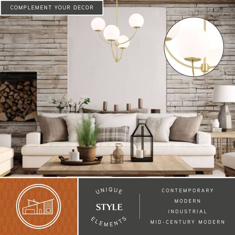 Avers 4 Light LED Compatible Gold Brass Mid-Century Modern Chandelier White Globe Glass - 26-in W x 27.25-in H x 26-in D