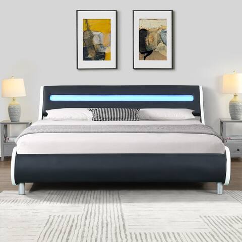 Queen Faux Leather Upholstered Platform Bed Frame with led lighting and Curve Design