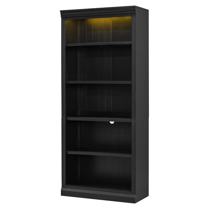 83" Tall 5-Tier Wood Bookcase Classic Solid Color Bookshelf with Adjustable Shelves, LED Light Bar, Open Display Storage Cabinet