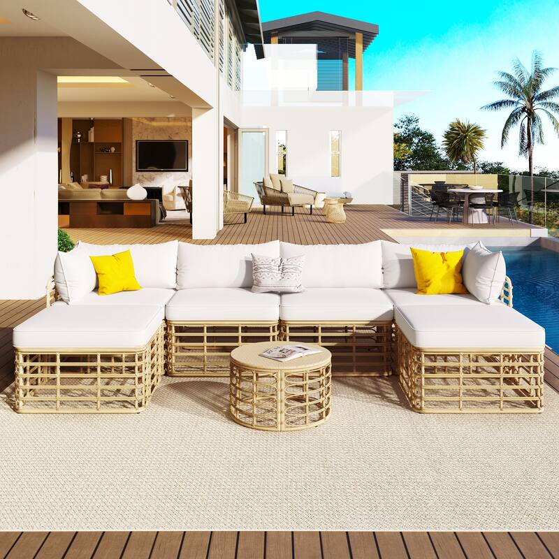7 Pcs Outdoor Furniture Set, All-Weather Rattan Sectional Sofa Set with Thick Cushions and Pillows, Round Coffee Table