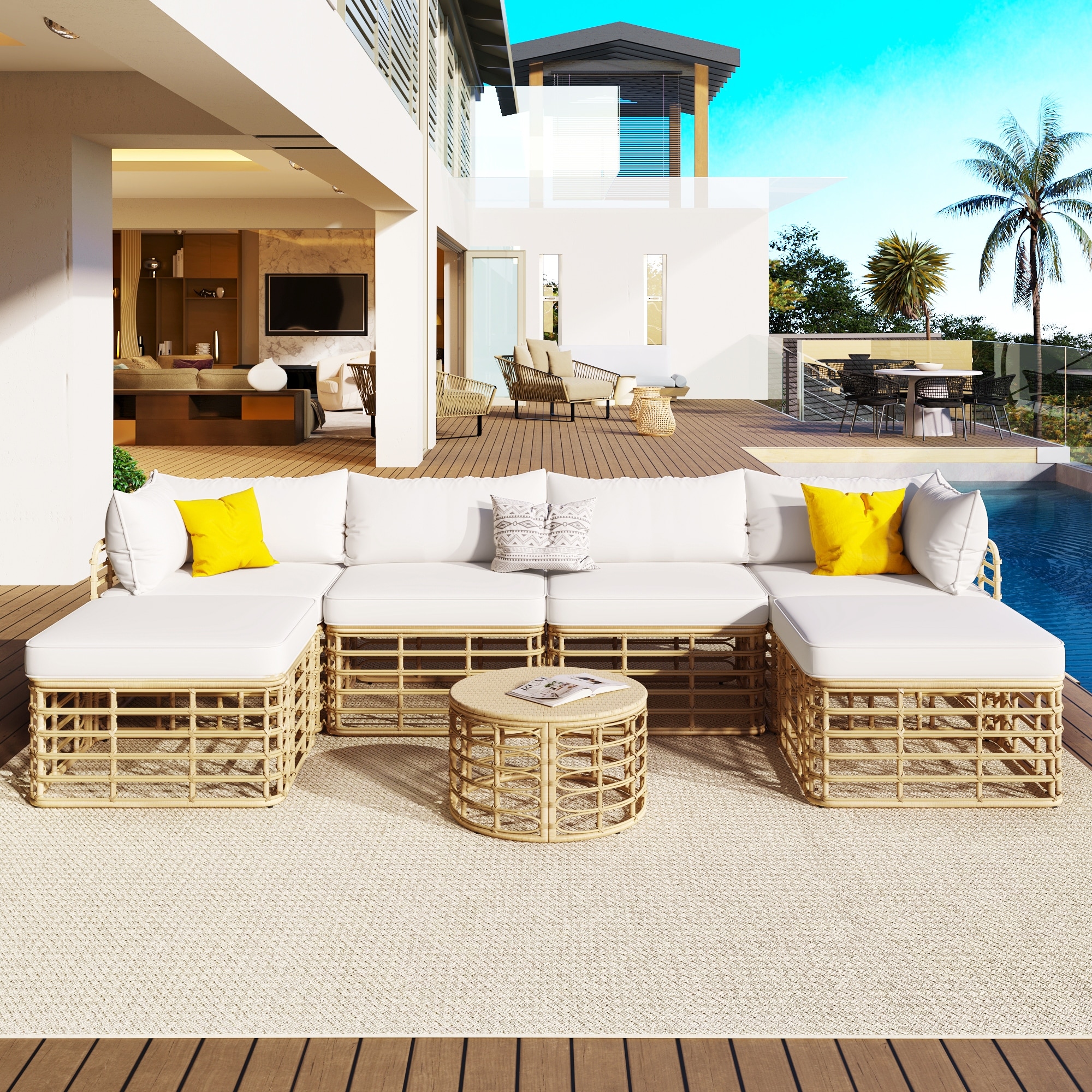7 Pcs Outdoor Patio Furniture Set All Weather Rattan Sectional Sofa Bed Bath Beyond 40433937