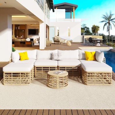 7 Pieces Outdoor Patio Furniture, with Thick Cushions & Pillows, All-Weather Rattan Sectional Sofa Set wRound Coffee Table