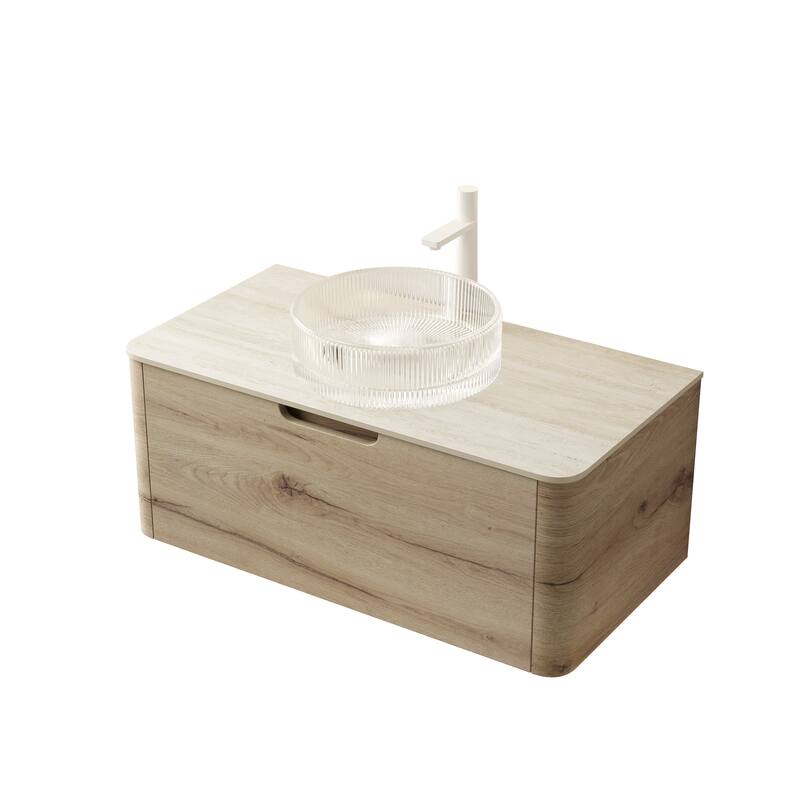 GDFStudio - Xai Floating Bathroom Vanity with Transparent Round Glass Basin, Roma Travertine-Pattern Sintered Stone Top
