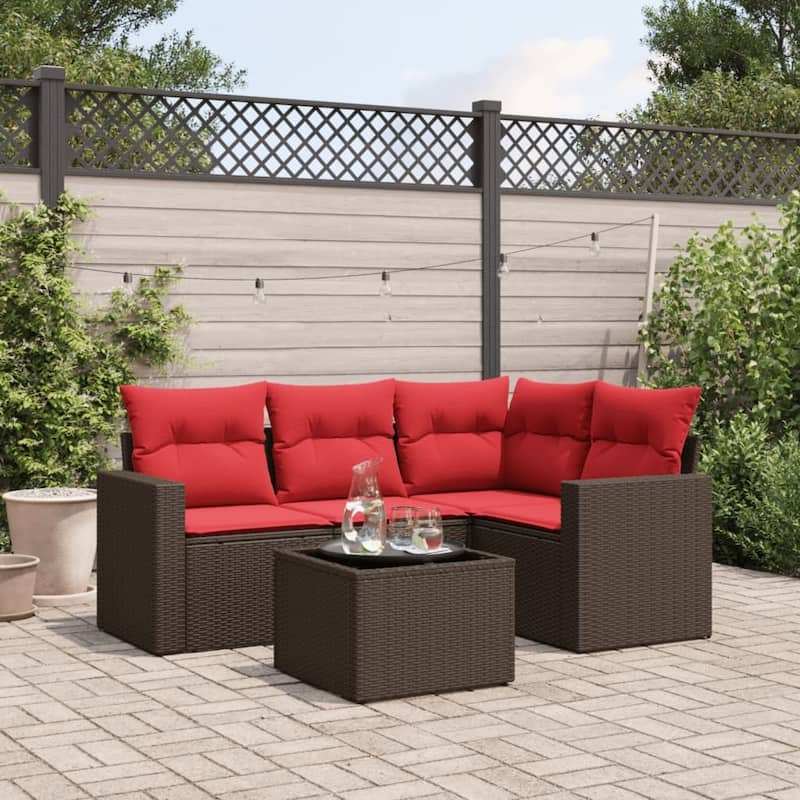 vidaXL Patio Sofa Set with Cushions Outdoor Conversation Furniture Poly Rattan - 25.8" x 24.4" x 27.2" - Brown and red with table