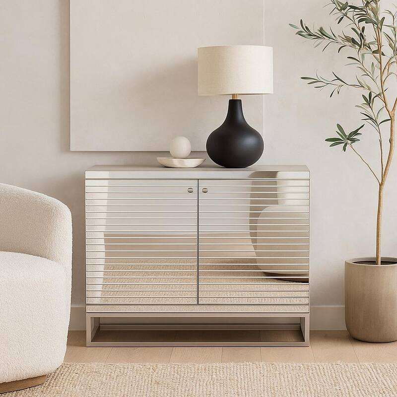 Glass 2 Door Cabinet with Linear Striped Panels and Gray Iron Base - Silver - Roche River Decor - 18"W x 47"L x 38"H
