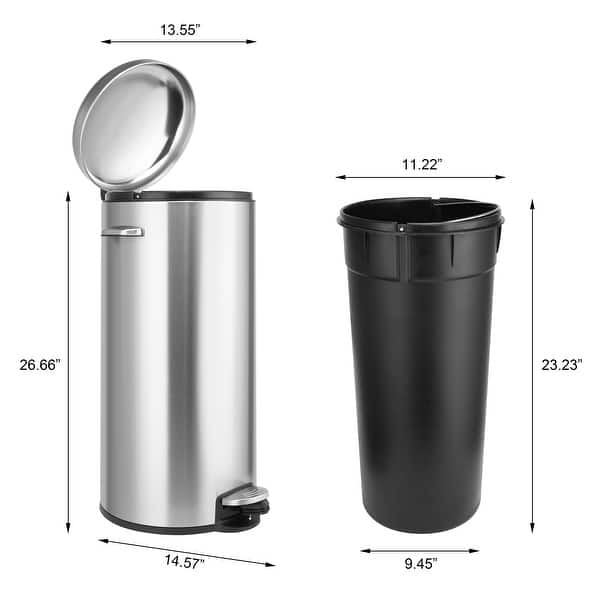 Home Zone 30 Liter 8 Gallon Step Pedal Round Stainless Steel Trash Can Bin