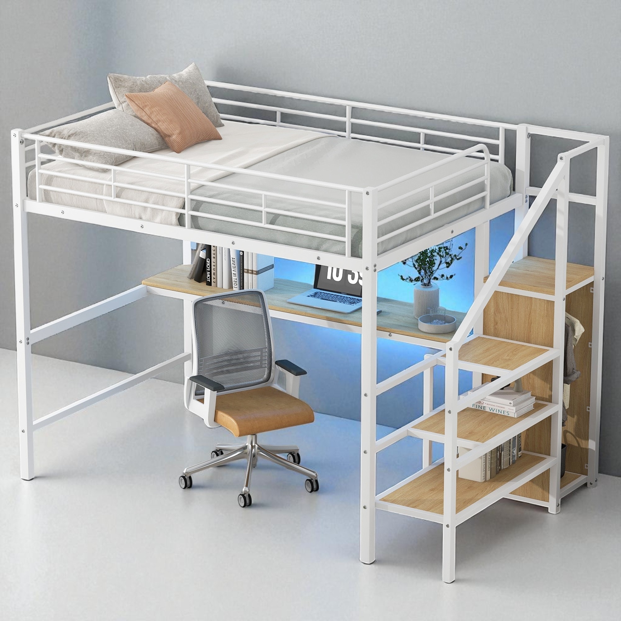 Full Size Metal Loft Bed with Desk, Storage Staircase, Wardrobe and LED Light, Space-Saving Workstation