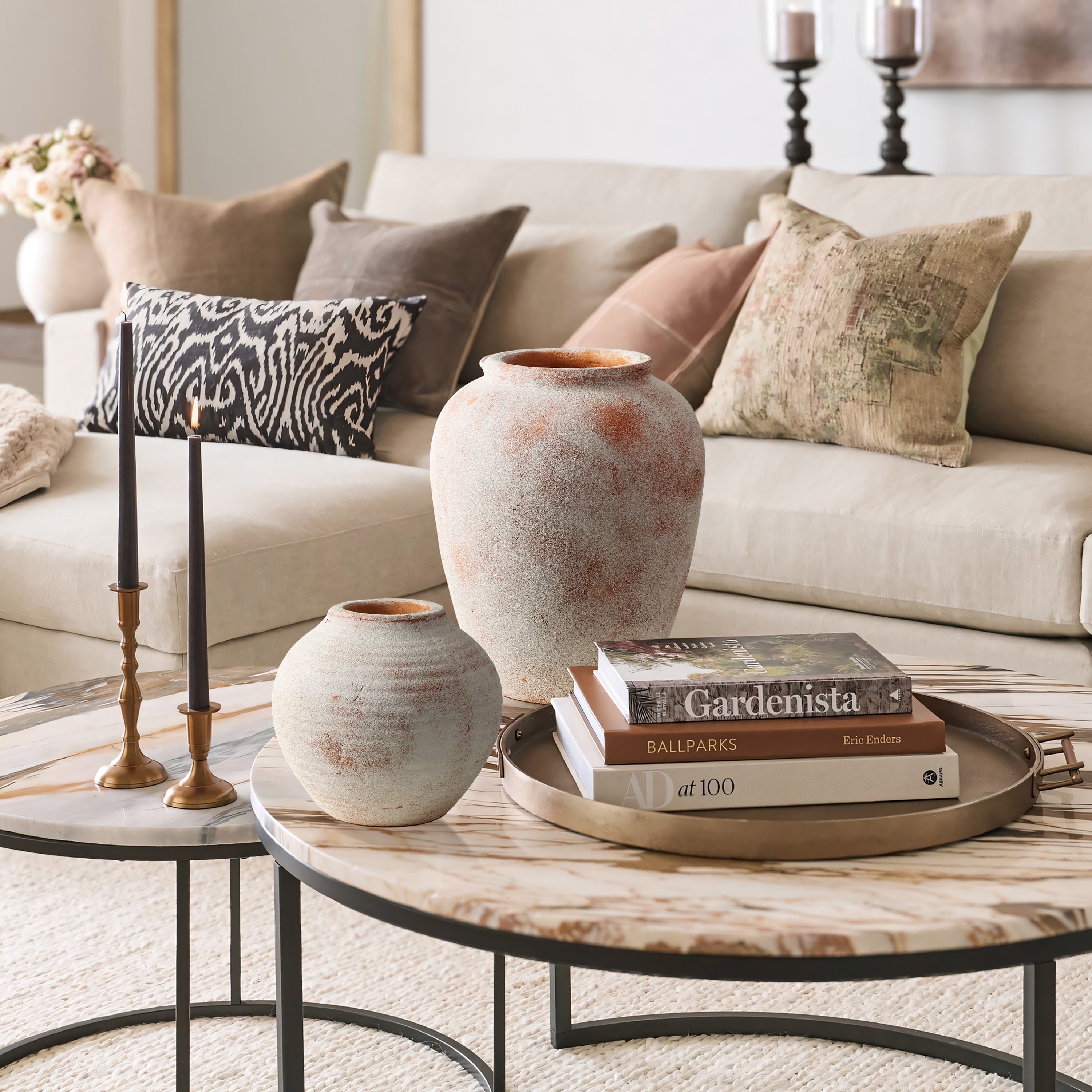 2-Piece Marble Brown and White Terracotta Vase Set