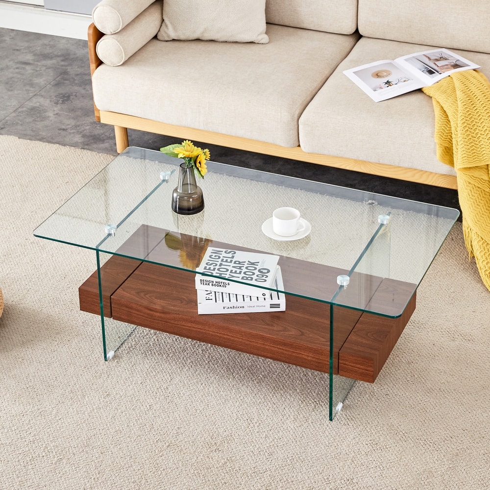 2-Tier Coffee Table with Clear Tempered Glass Top, Rectangular Cocktail Table with MDF Storage Rack, Modern Tea Table