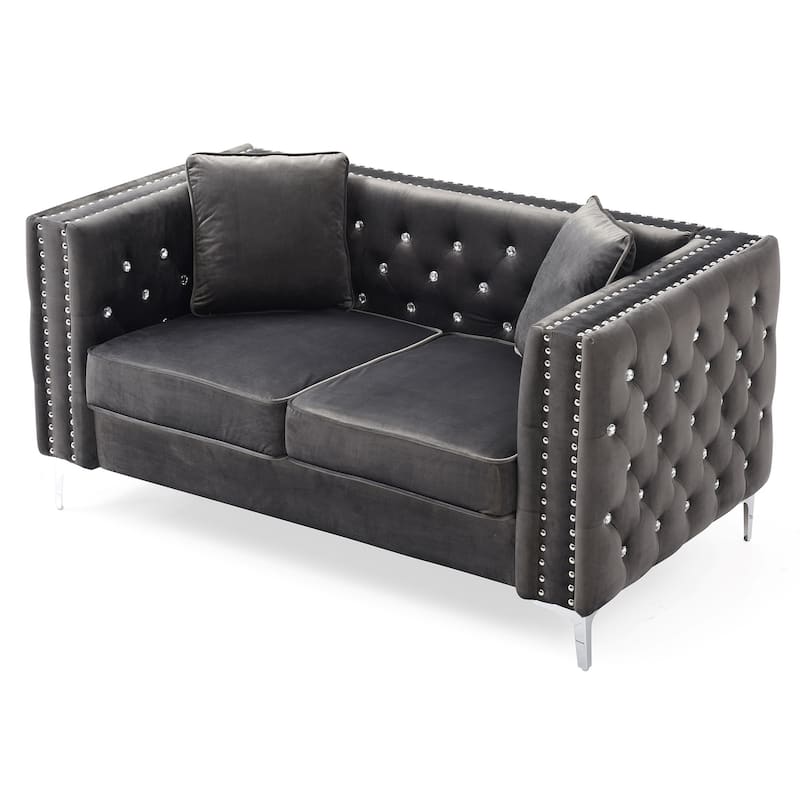 Tufted Nailhead Trim Velvet 2-Seater Sofa with Throw Pillows - 63" - Gray