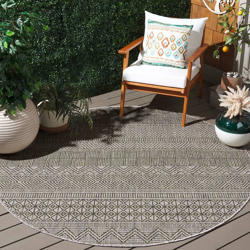SAFAVIEH Courtyard Rozenn Indoor/ Outdoor Waterproof Patio Backyard Rug - 6'7" Round - Grey/Olive Green