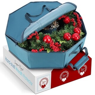 StorageBud Wreath Storage Container - Hard Shell Christmas Wreath Storage Bag with Interior Pockets, Dual Zipper and Handles