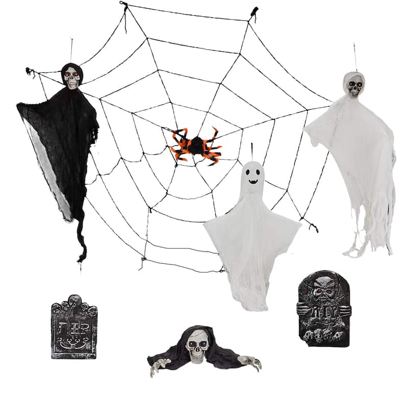 8-Piece Halloween Decorations Set with LED Eyes Ghosts Gravestones Skeleton and Giant Cobweb