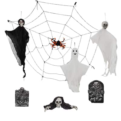 8-Piece Halloween Decorations Set with LED Eyes Ghosts Gravestones Skeleton and Giant Cobweb