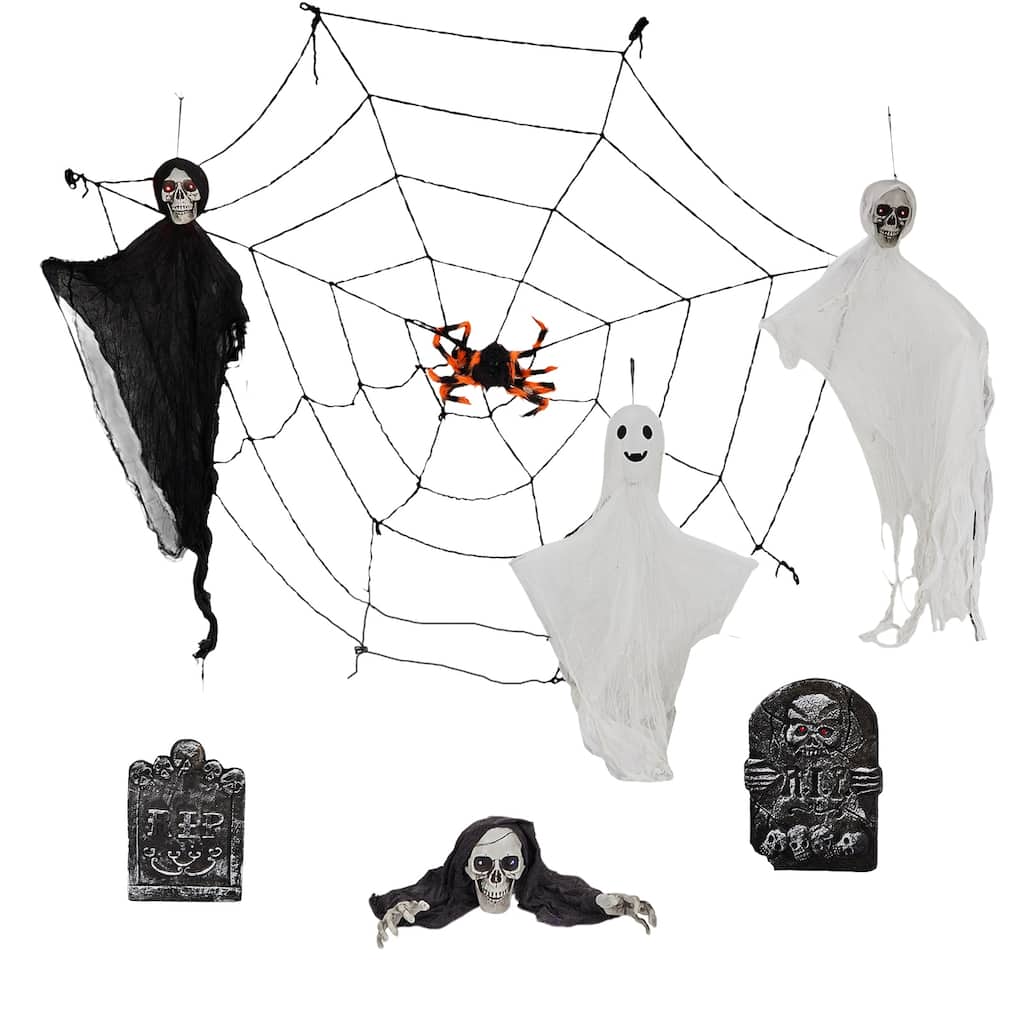 8-Piece Halloween Decorations Set with LED Eyes Ghosts Gravestones Skeleton and Giant Cobweb
