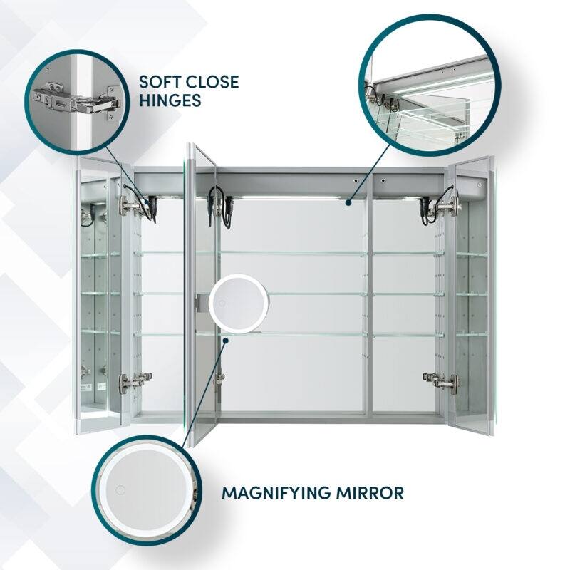 AQUADOM Edge Royale 48W Bathroom Led Lighted Medicine Cabinet Defogger, 3X LED Adjustable Magnifying Mirror, Electrical Outlets