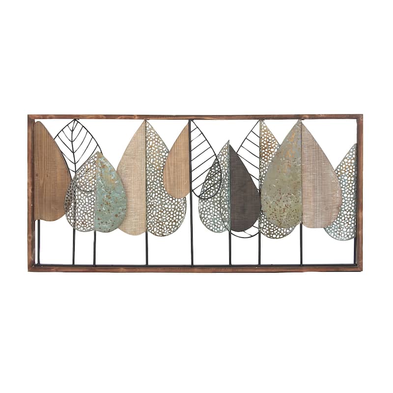 Wood Leaf Cutout Wall Decor with Green and Black Metal Wire Accents - Brown - Roche River Decor