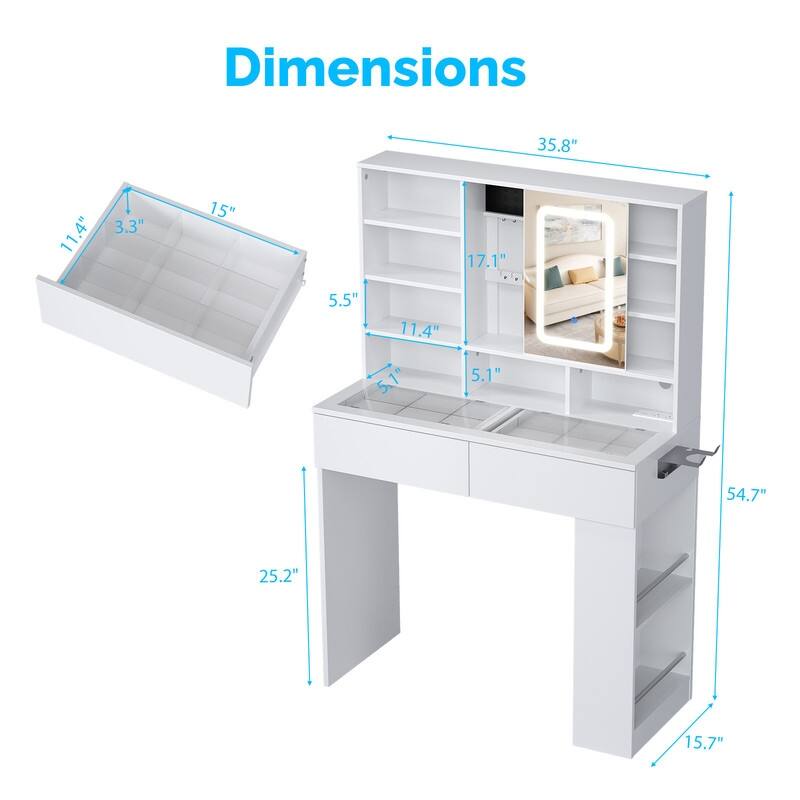 Particle Board Veneered, 2-drawer 3-compartment Left-right 3-tier Shelf, Glass Tabletop, Side Panel Storage Style Dressing Table