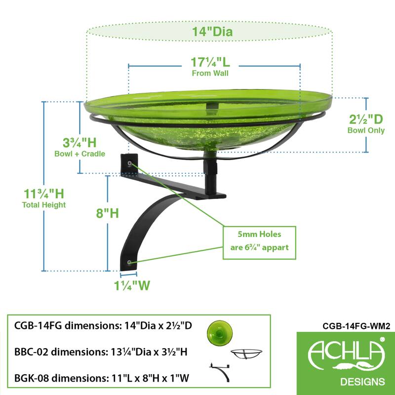Achla Designs 14"Dia. Round Crackle Glass Birdbath w/Black Wrought Iron Wall Mount Bracket