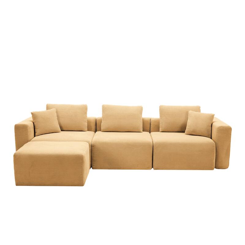 Corduroy Sectional Modular Sofa with Square Arms & Ottoman Extension for Flexible Arrangements - 3-Seater & 1 Ottoman - Mineral Yellow