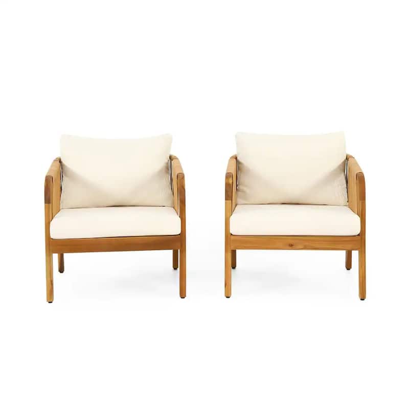 Roomfitters Club Chair, Acacia Wood Frame with Durable Brown Finish, Soft Beige Cushions for Outdoor Comfort
