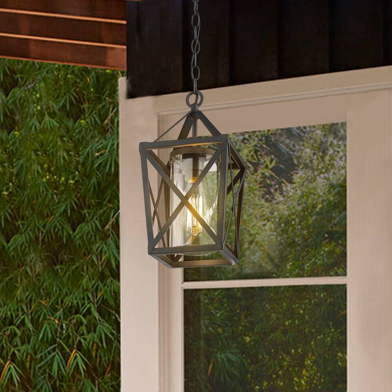 1-Light Outdoor Pendant Lights, Exterior Hanging Lantern in Black Finish with Clear Glass