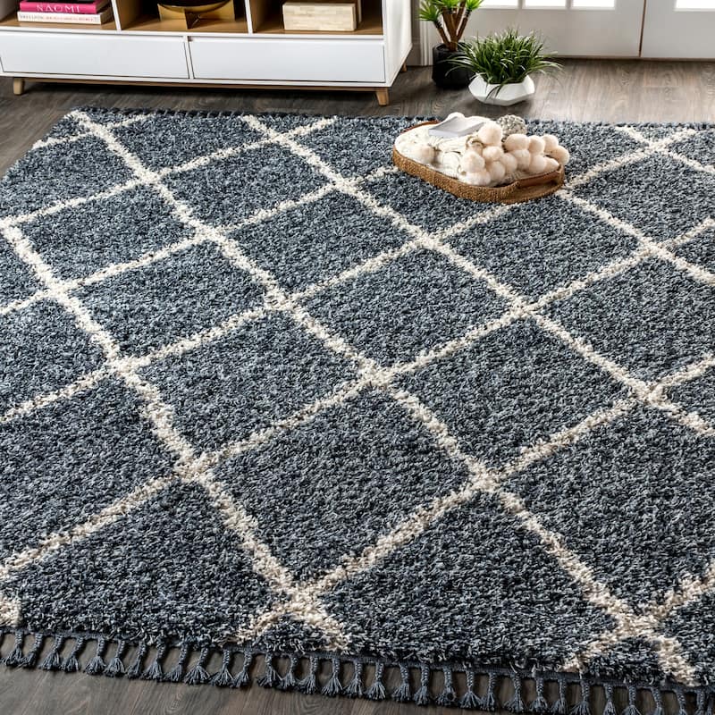 JONATHAN Y Modern Shag Plush Tassel Moroccan Geometric Trellis Area Rug